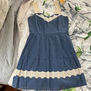 Blue & White Polka Dot Summer Cotton Dress w/ Lace Details